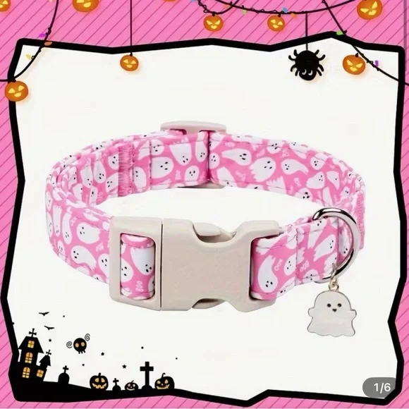 Pink Ghost Pattern Pet Collar with Ghost Charm - Picture 1 of 6